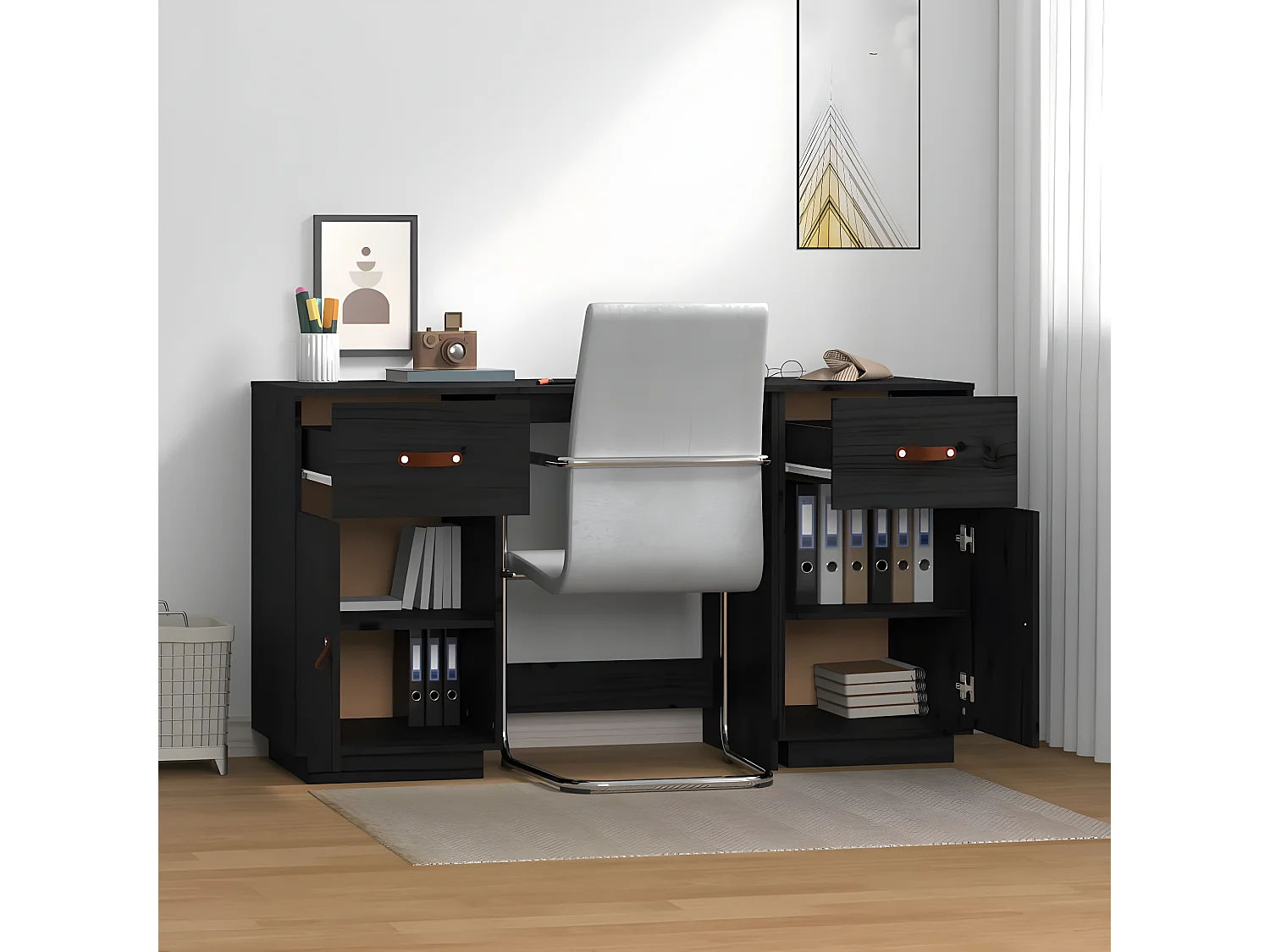 Bureau avec armoires Noir 135x50x75 cm Bois massif de pin