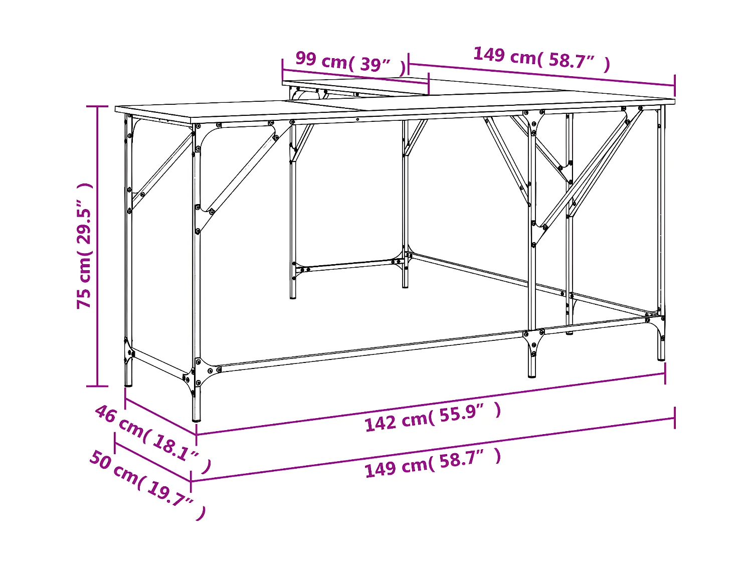 Bureau chêne fumé 149x149x75 cm bois d'ingénierie