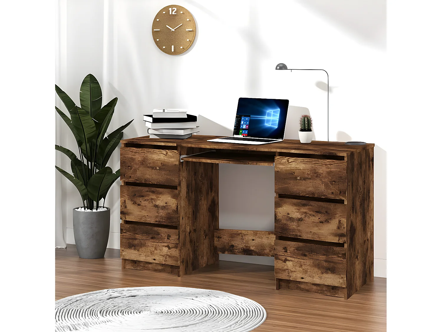 Bureau 140x50x77 cm bewerkt hout gerookt eikenkleurig