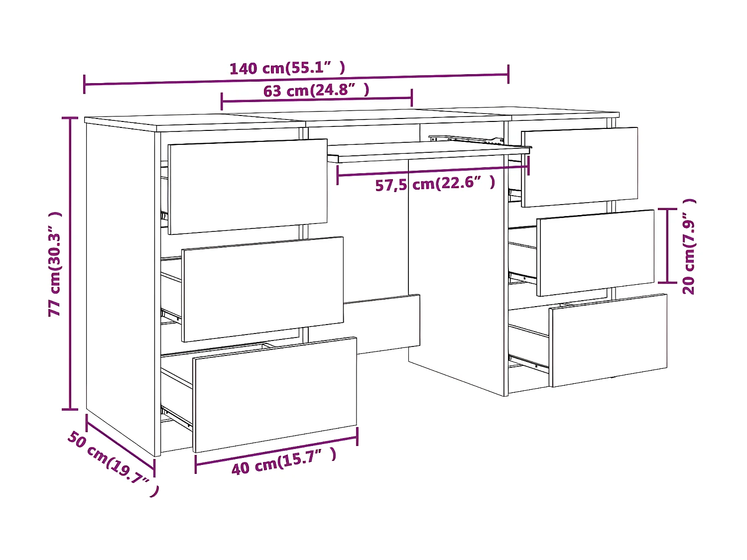 Bureau 140x50x77 cm bewerkt hout gerookt eikenkleurig