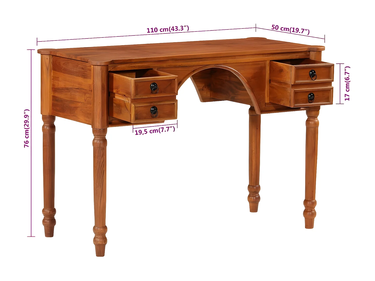 Bureau avec tiroirs 110x50x76 cm bois d'acacia solide