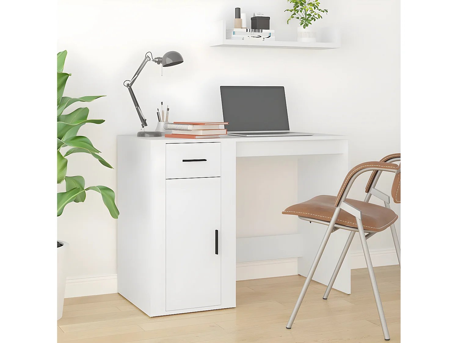 Escritorio con armario madera contrachapada blanco