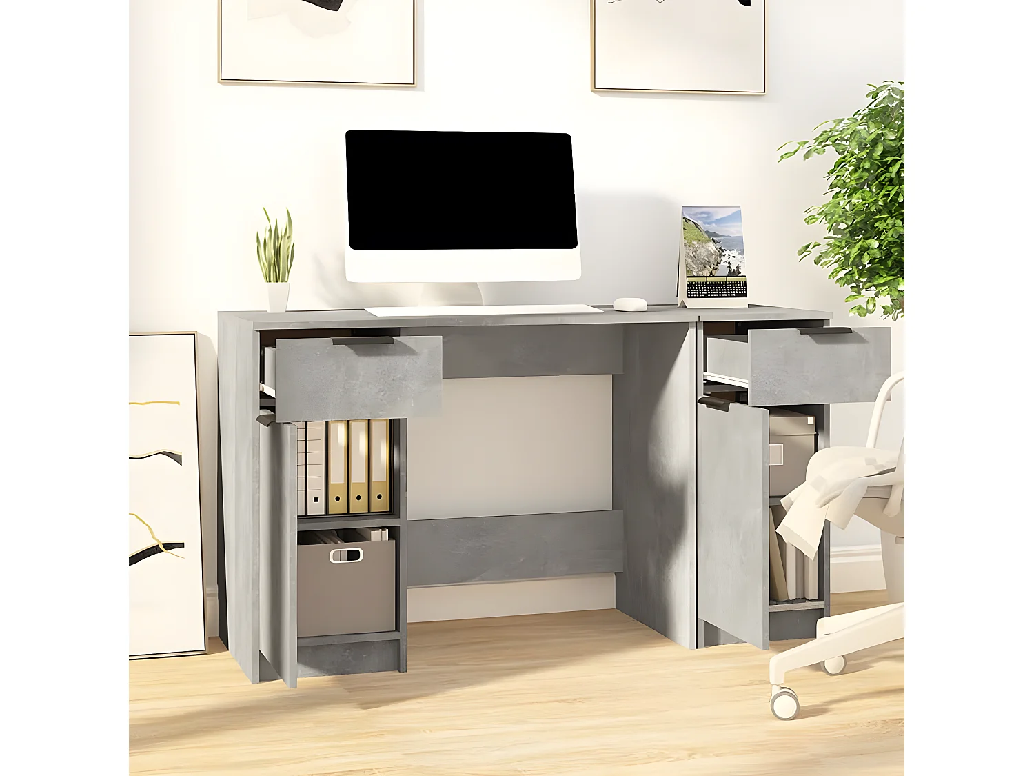 Bureau avec armoire latérale Gris béton Bois d'ingénierie