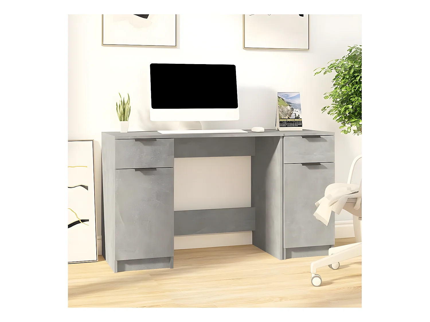Bureau avec armoire latérale Gris béton Bois d'ingénierie