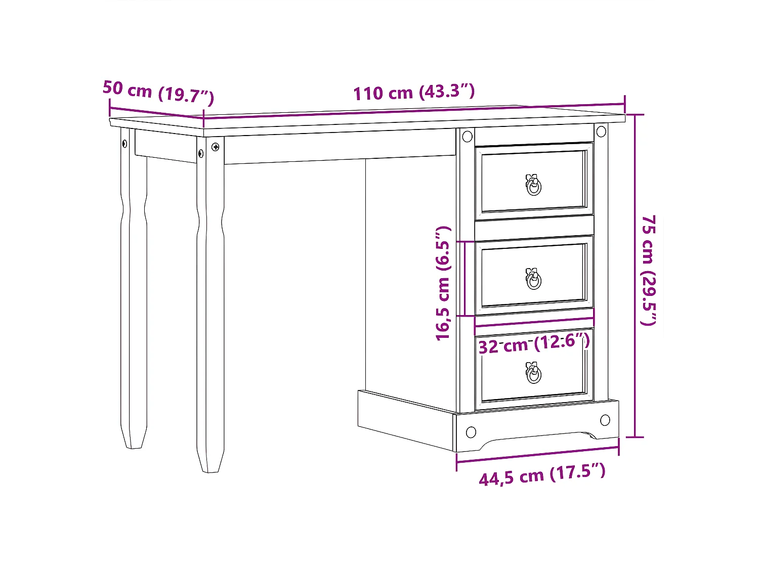 Bureau110x50x75 cm bois de pin massif