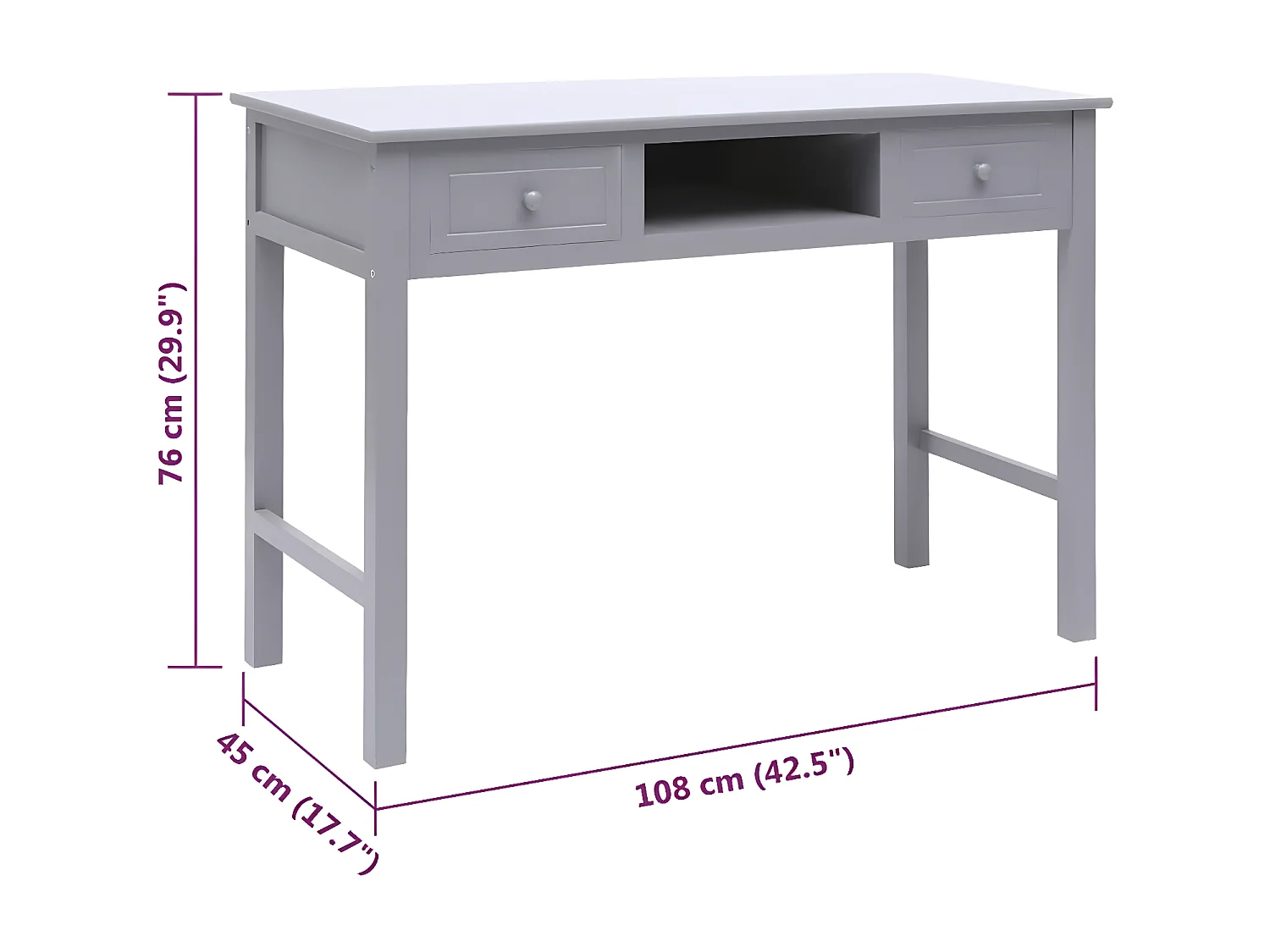 Bureau Gris 108x45x76 cm Bois de Paulownia massif
