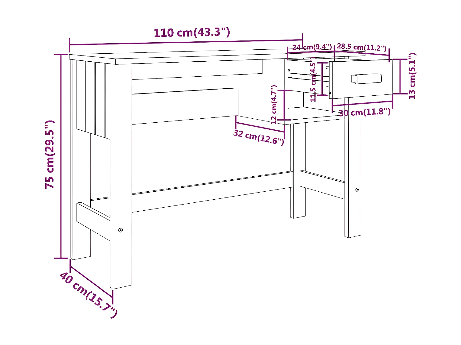 Bureau HAMAR Gris foncé 110x40x75 cm Bois massif de pin