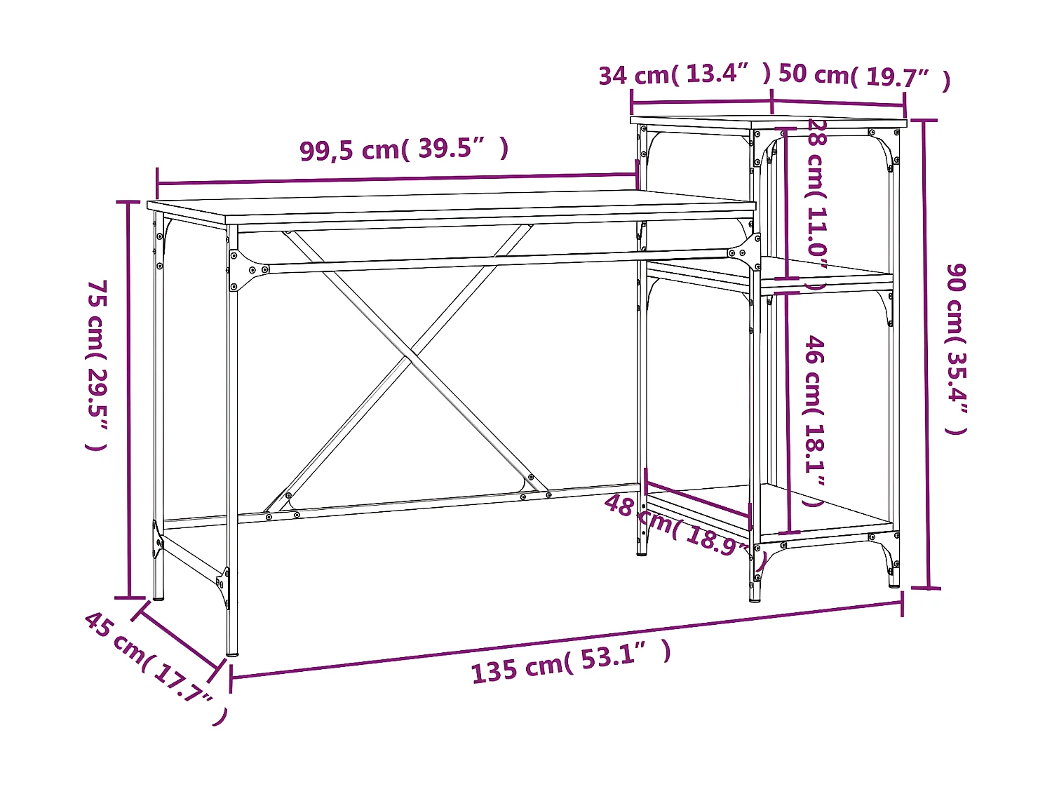 Bureau et étagères chêne fumé 135x50x90cm bois d'ingénierie/fer