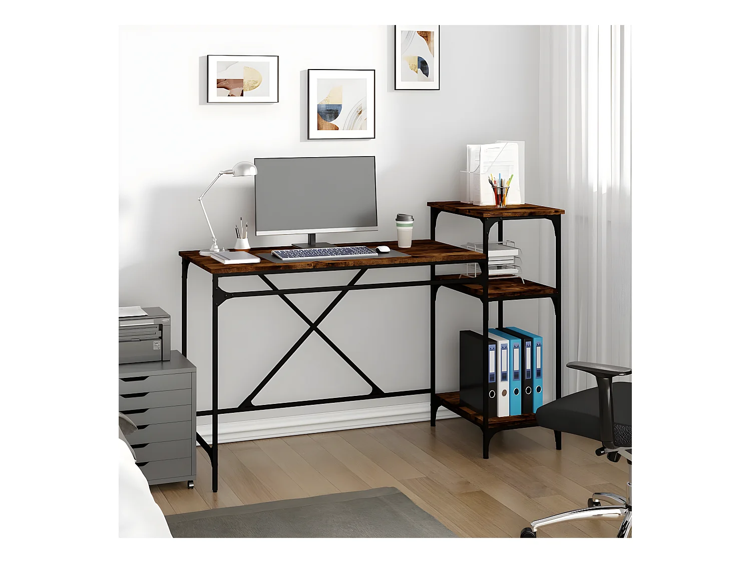 Bureau et étagères chêne fumé 135x50x90cm bois d'ingénierie/fer