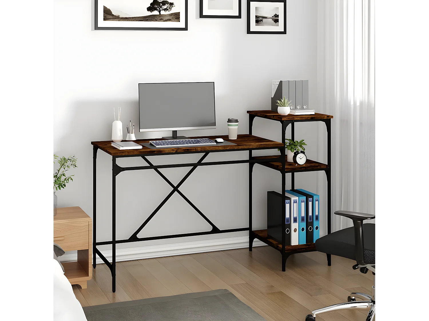 Bureau et étagères chêne fumé 135x50x90cm bois d'ingénierie/fer