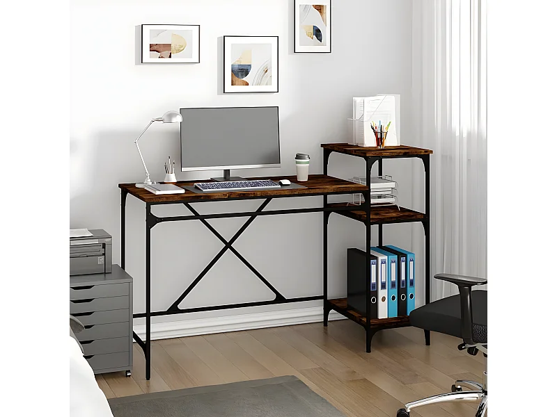 Bureau et étagères chêne fumé 135x50x90cm bois d'ingénierie/fer