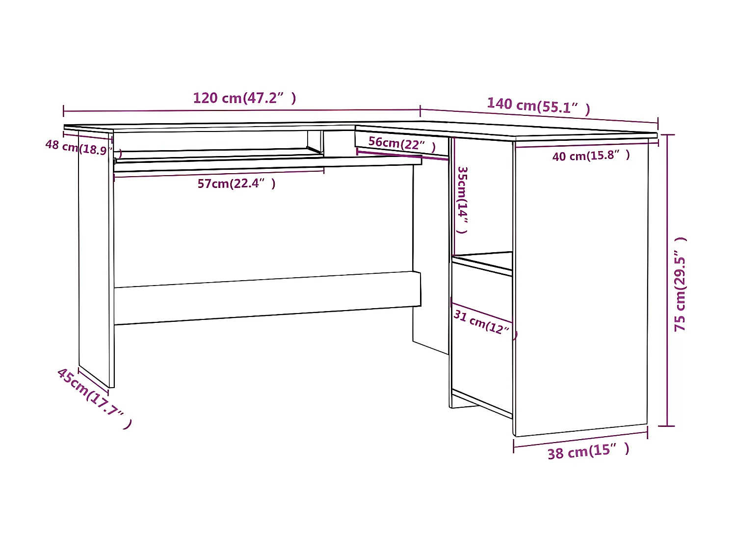 Bureau d'angle en forme de L Gris Béton 120x140x75 cm Aggloméré