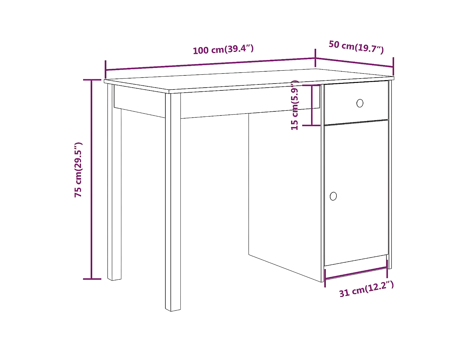 Escritorio de madera maciza de pino blanco 100x50x75 cm