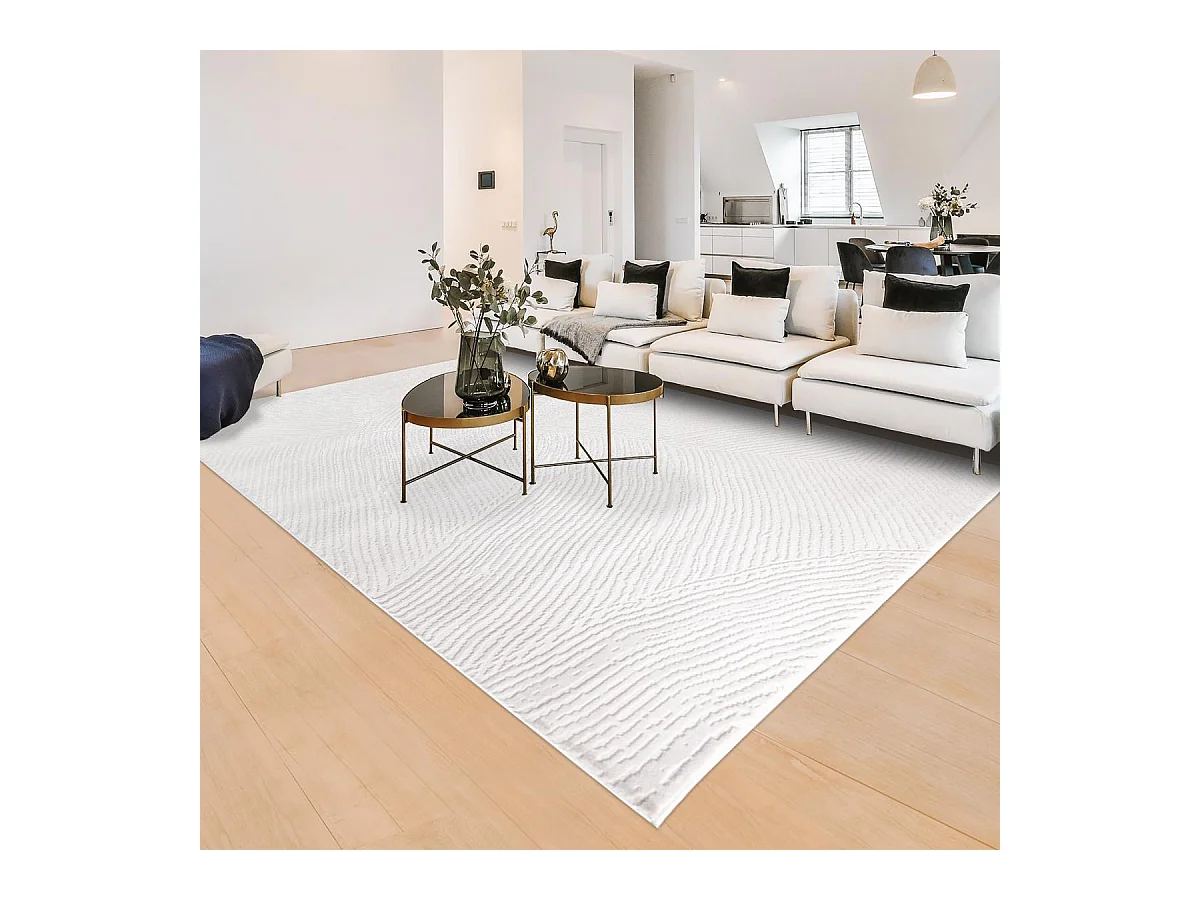 tapis salon 120x160 tissé crème rectangle motif faux uni DAMCIA