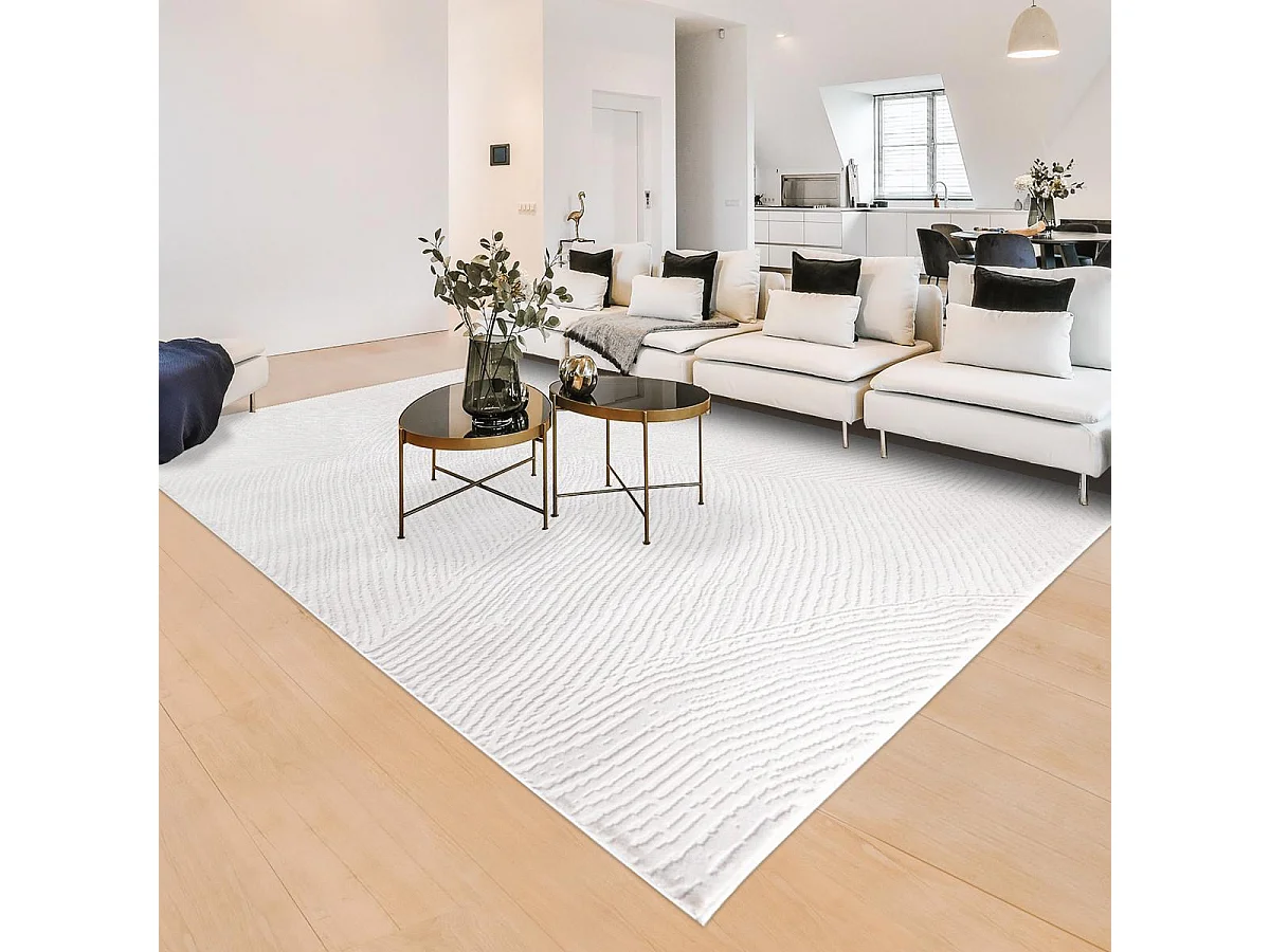 tapis salon 120x160 tissé crème rectangle motif faux uni DAMCIA