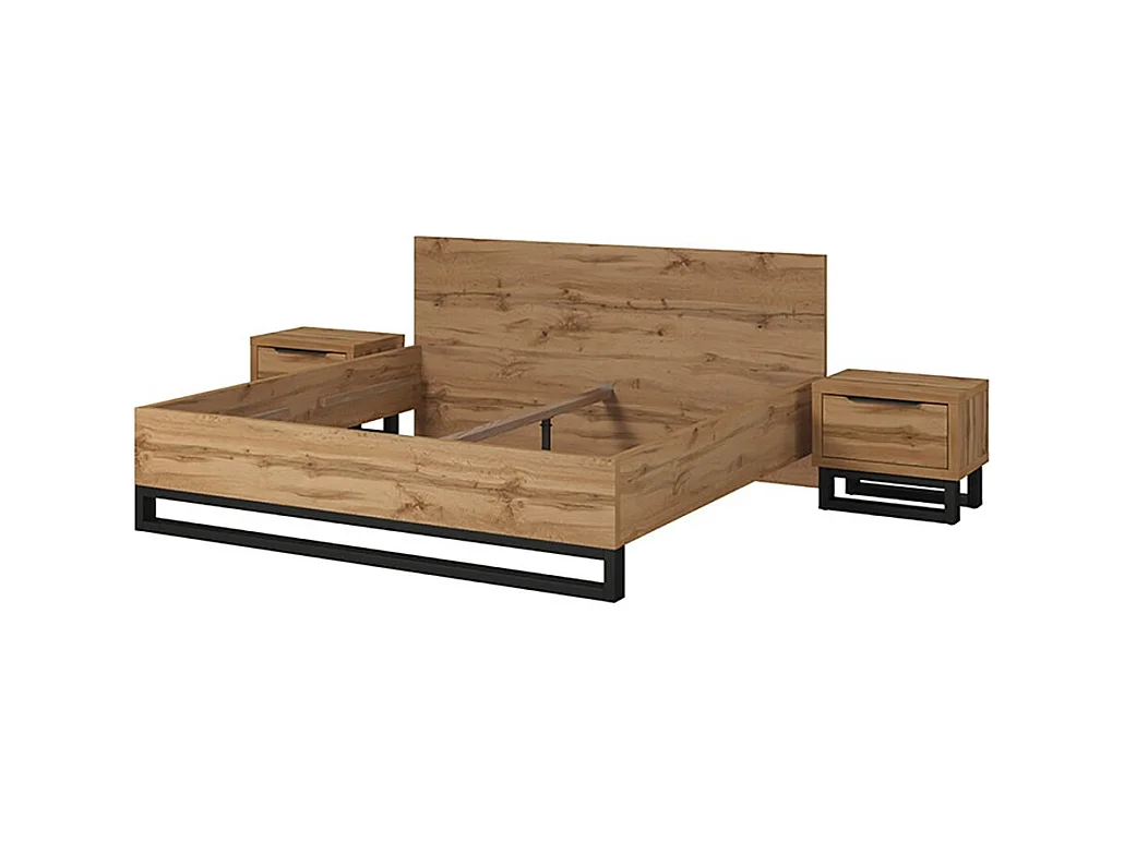 Ensemble lit 140x200 et chevets style industriel, collection MILOS, chêne brut/noir, sommier inclus