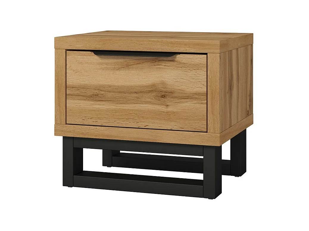 Ensemble lit 140x200 et chevets style industriel, collection MILOS, chêne brut/noir, sommier inclus