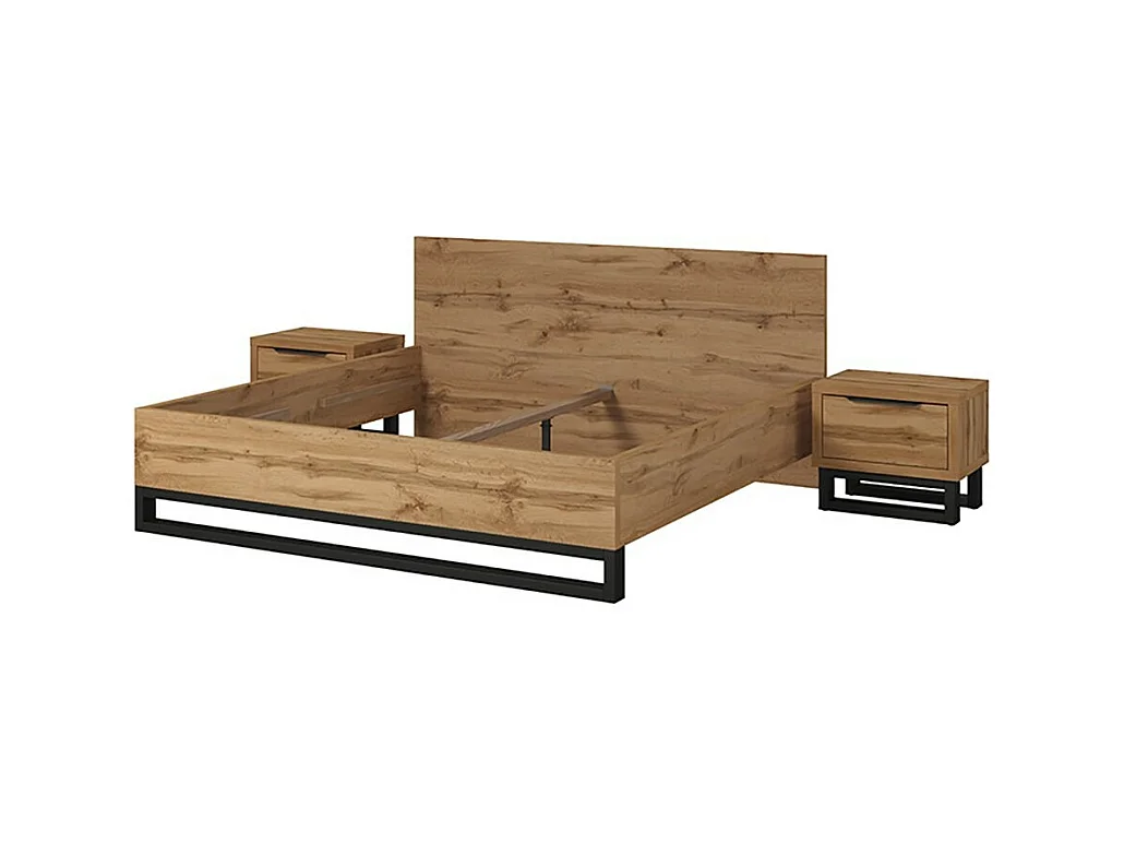Ensemble lit 160x200 et deux chevets style industriel - Collection MILOS. Coloris chêne brut et noir. Sommier inclus