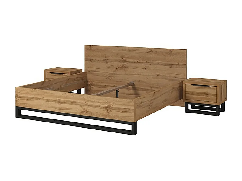 Set letto 160x200 e due comodini in stile industriale - Collezione MILOS. Colori rovere grezzo e nero. Rete inclusa