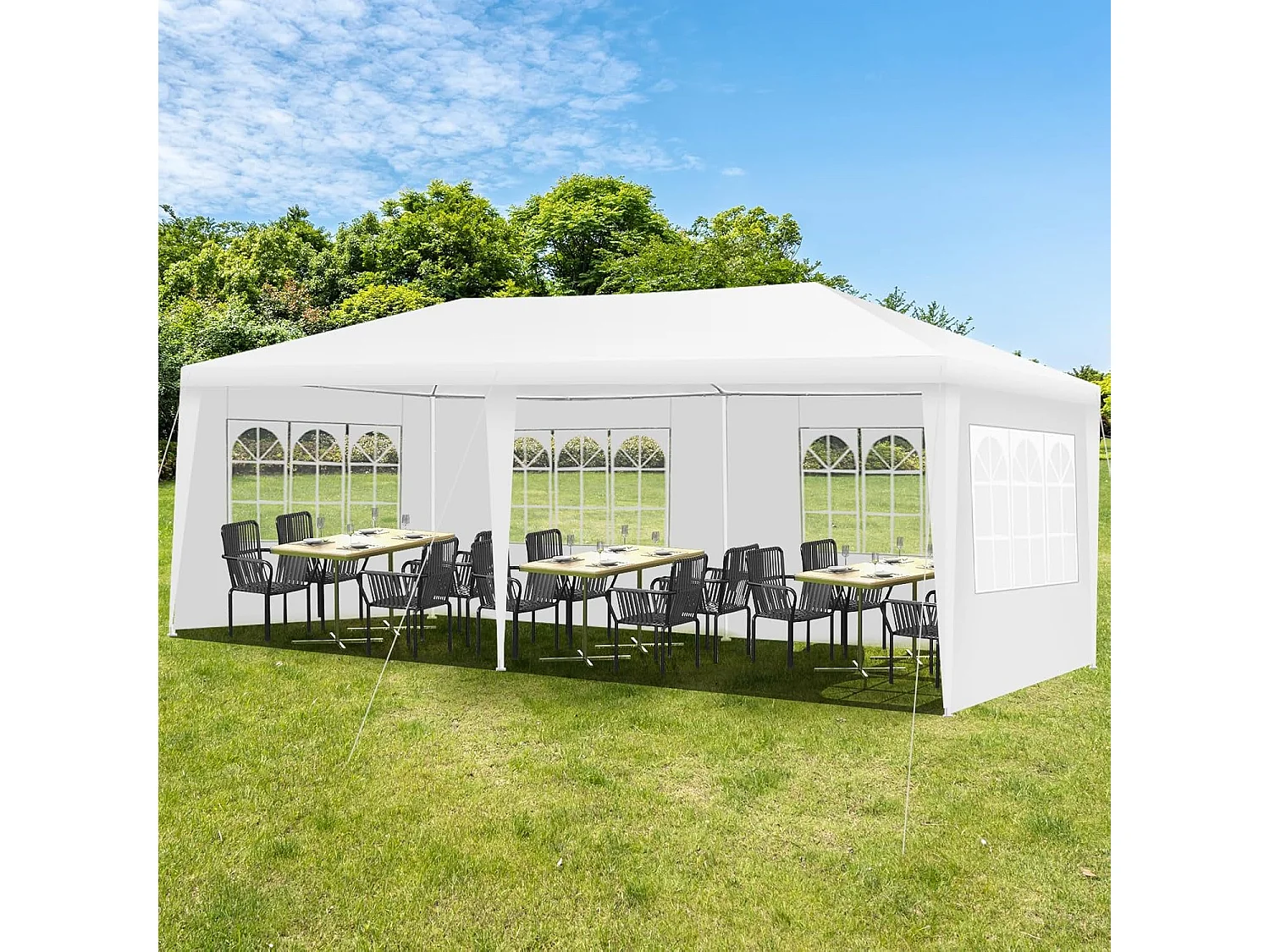 Tonnelle de Jardin 3x6M, Pavillon de Tente avec 4 Parois Amovibles, Piquets de Terre, Sac de Transport et Fenêtre sur Côté, pour Fête/Mariage/BBQ, Blanc