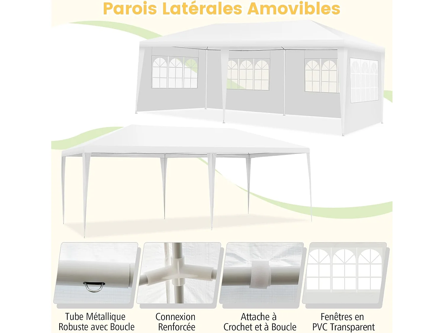 Tonnelle de Jardin 3x6M, Pavillon de Tente avec 4 Parois Amovibles, Piquets de Terre, Sac de Transport et Fenêtre sur Côté, pour Fête/Mariage/BBQ, Blanc