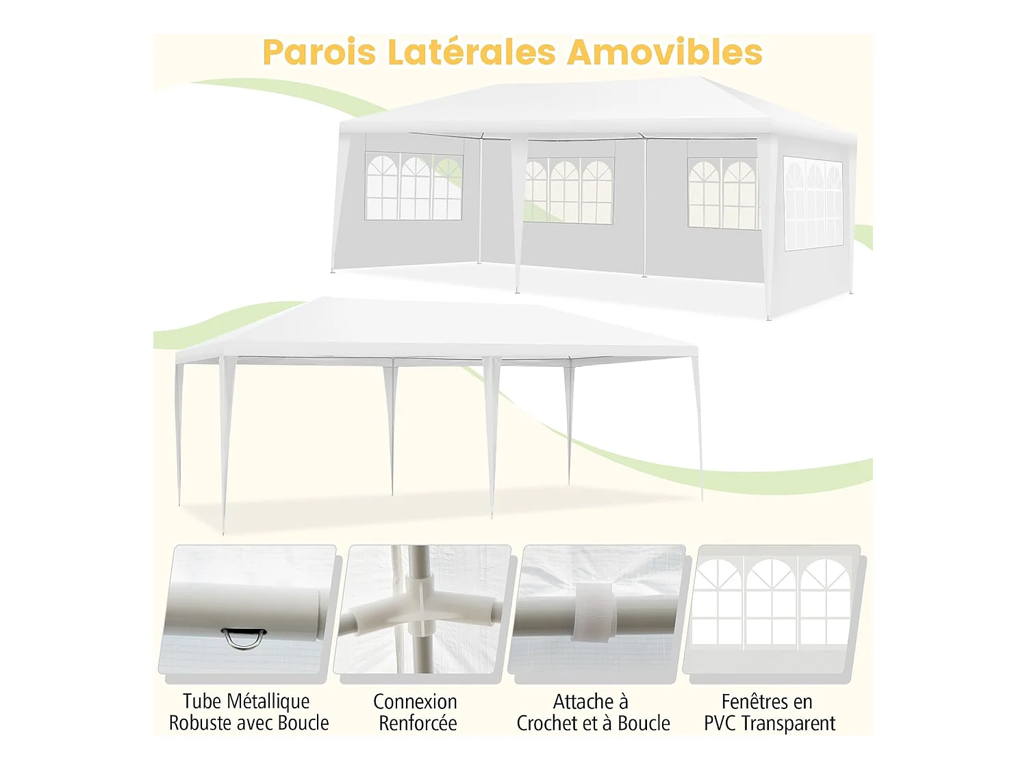 Tonnelle de Jardin 3x6M, Pavillon de Tente avec 4 Parois Amovibles, Piquets de Terre, Sac de Transport et Fenêtre sur Côté, pour Fête/Mariage/BBQ, Blanc
