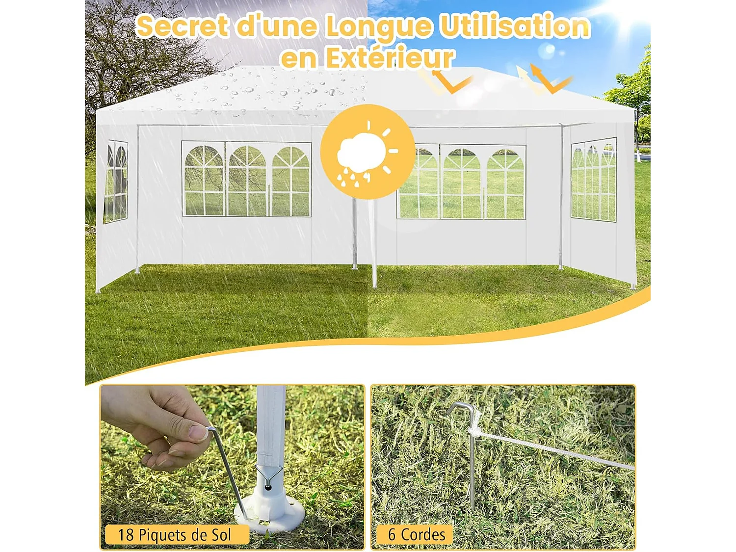 Tonnelle de Jardin 3x6M, Pavillon de Tente avec 4 Parois Amovibles, Piquets de Terre, Sac de Transport et Fenêtre sur Côté, pour Fête/Mariage/BBQ, Blanc
