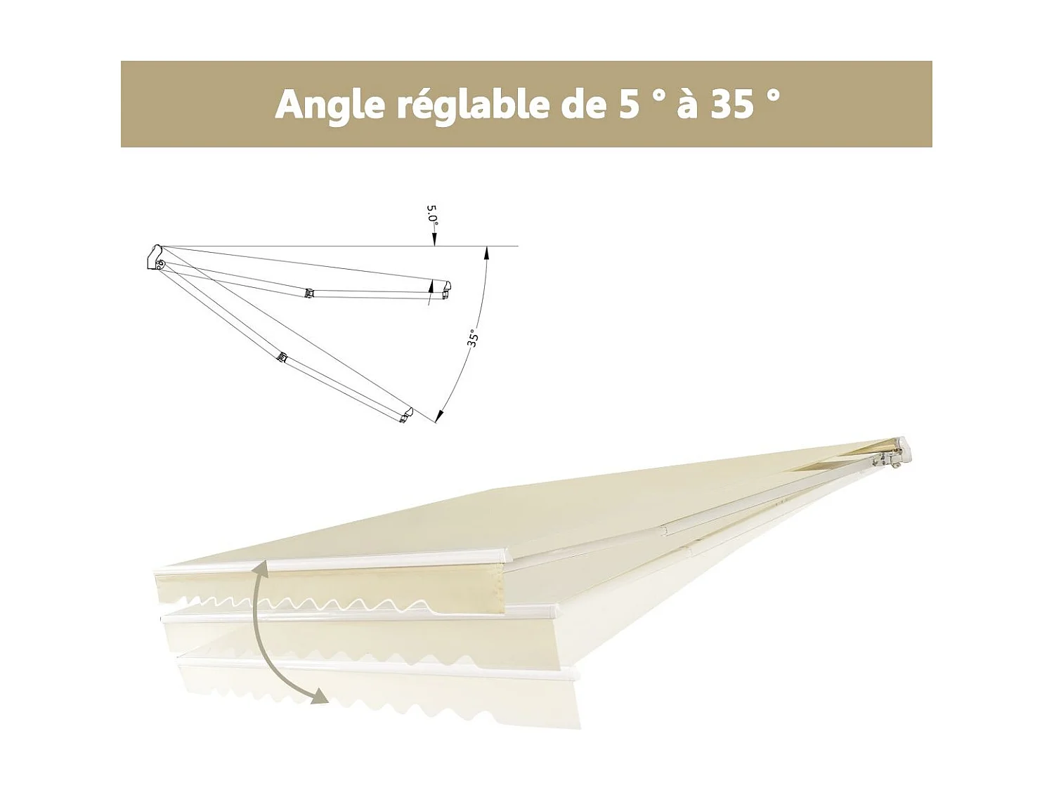 Store Banne de Balcon Rétractable avec Tissu et velours Résistant aux UV et à l'eau, Cadre en Aluminium Angle Réglable 5-35° , 3 x 2,5 m