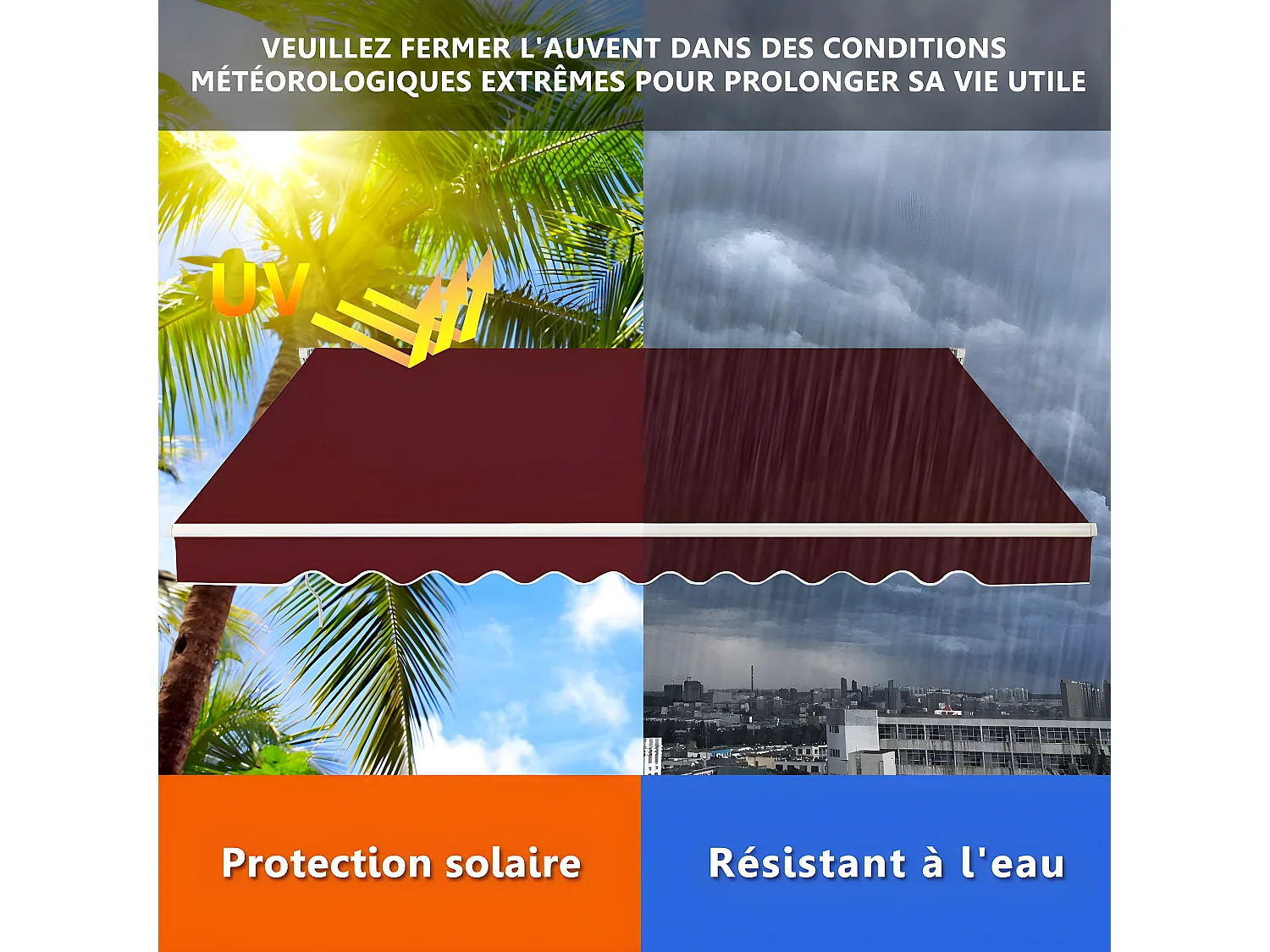 Store Banne de Balcon Rétractable avec Tissu et velours Résistant aux UV et à l'eau, Cadre en Aluminium Angle Réglable 5-35° ,3,6 x 3 m