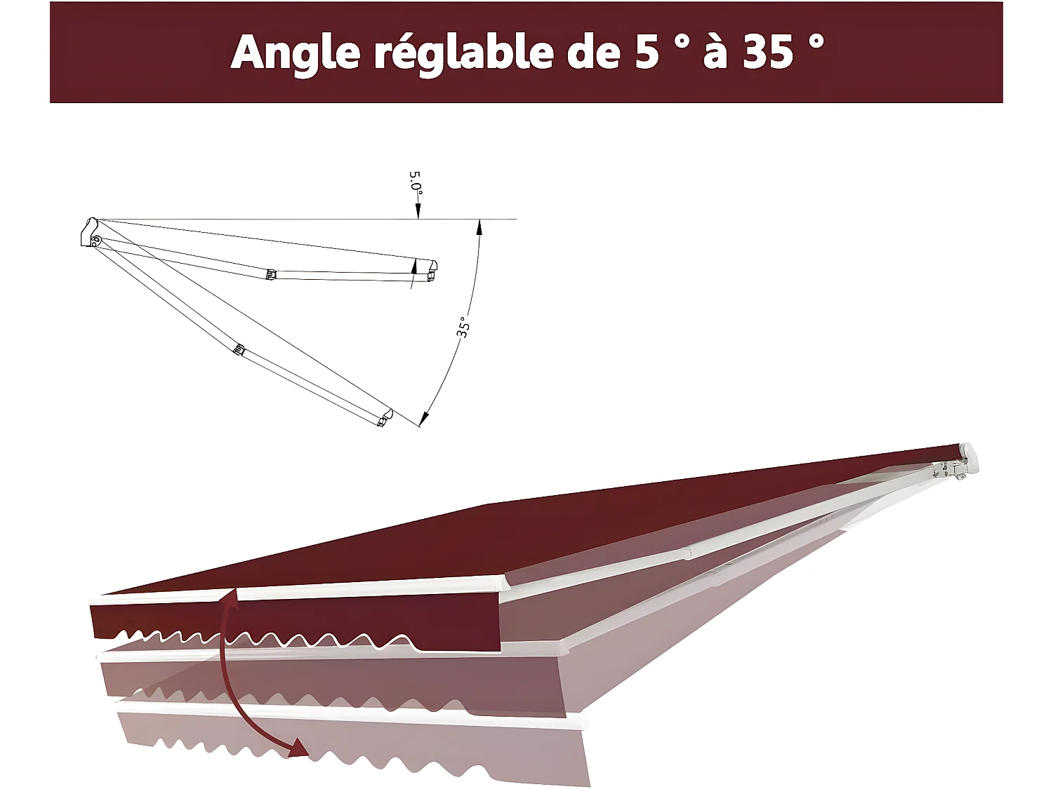 Store Banne de Balcon Rétractable avec Tissu et velours Résistant aux UV et à l'eau, Cadre en Aluminium Angle Réglable 5-35° ,3,6 x 3 m