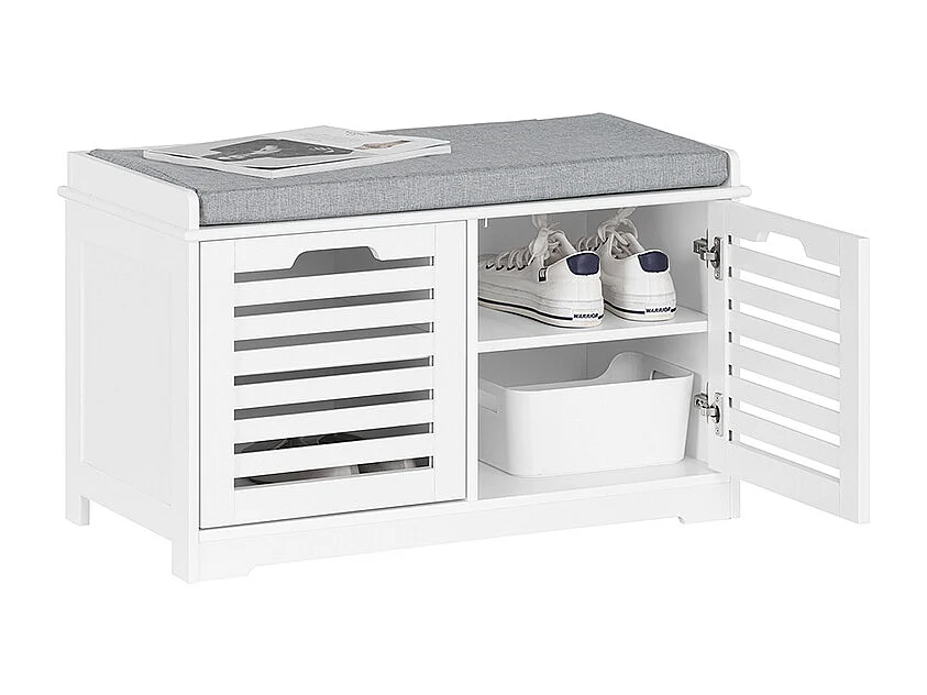 SoBuy Schoenenbank, schoenenopbergbank, schoenenkast, laag gangmeubel met gewatteerd kussen, 2 deuren en 4 open vakken, 71 x 35 x 43 cm, wit, FSR23-II-W