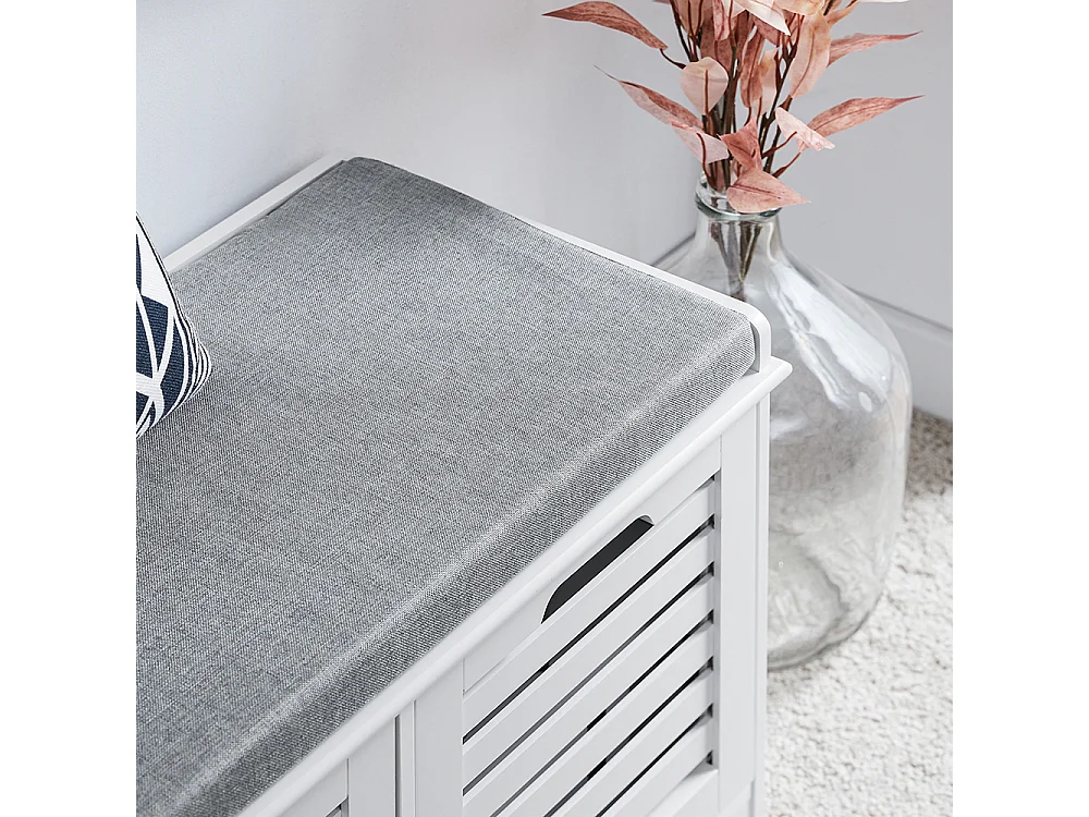 SoBuy Schoenenbank, schoenenopbergbank, schoenenkast, laag gangmeubel met gewatteerd kussen, 2 deuren en 4 open vakken, 71 x 35 x 43 cm, wit, FSR23-II-W