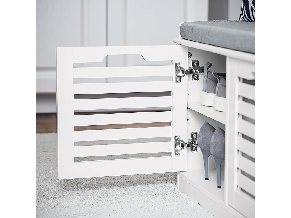 SoBuy Schoenenbank, schoenenopbergbank, schoenenkast, laag gangmeubel met gewatteerd kussen, 2 deuren en 4 open vakken, 71 x 35 x 43 cm, wit, FSR23-II-W