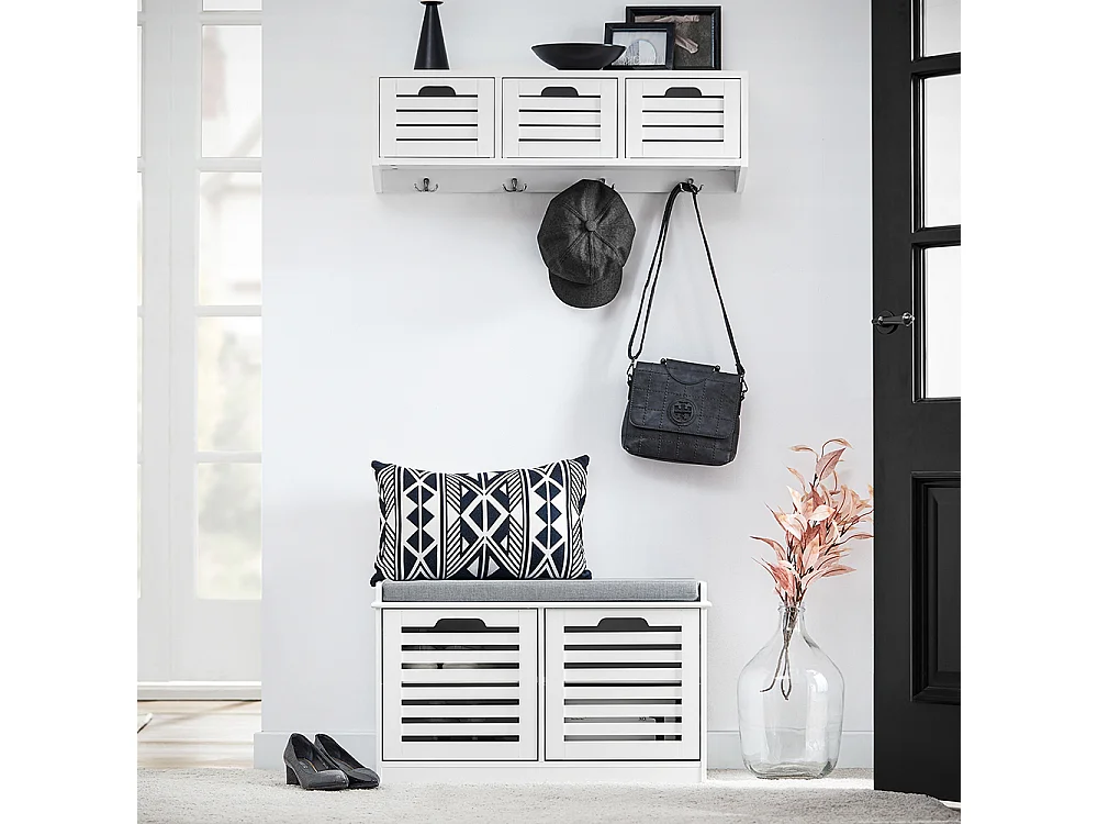 SoBuy Schoenenbank, schoenenopbergbank, schoenenkast, laag gangmeubel met gewatteerd kussen, 2 deuren en 4 open vakken, 71 x 35 x 43 cm, wit, FSR23-II-W