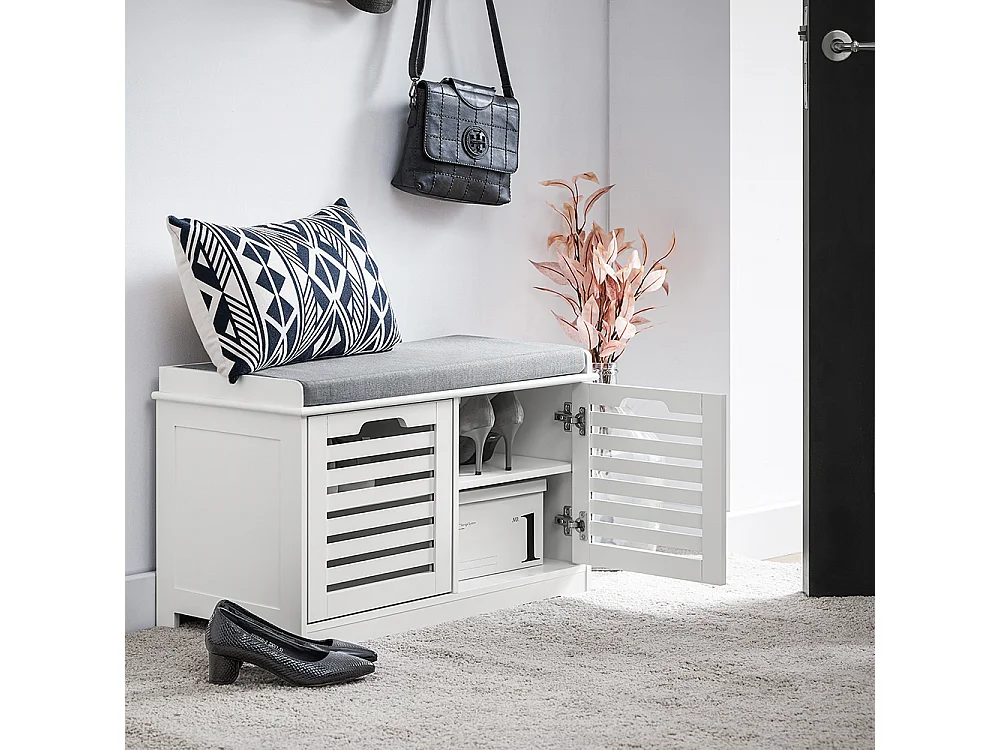 SoBuy Schoenenbank, schoenenopbergbank, schoenenkast, laag gangmeubel met gewatteerd kussen, 2 deuren en 4 open vakken, 71 x 35 x 43 cm, wit, FSR23-II-W