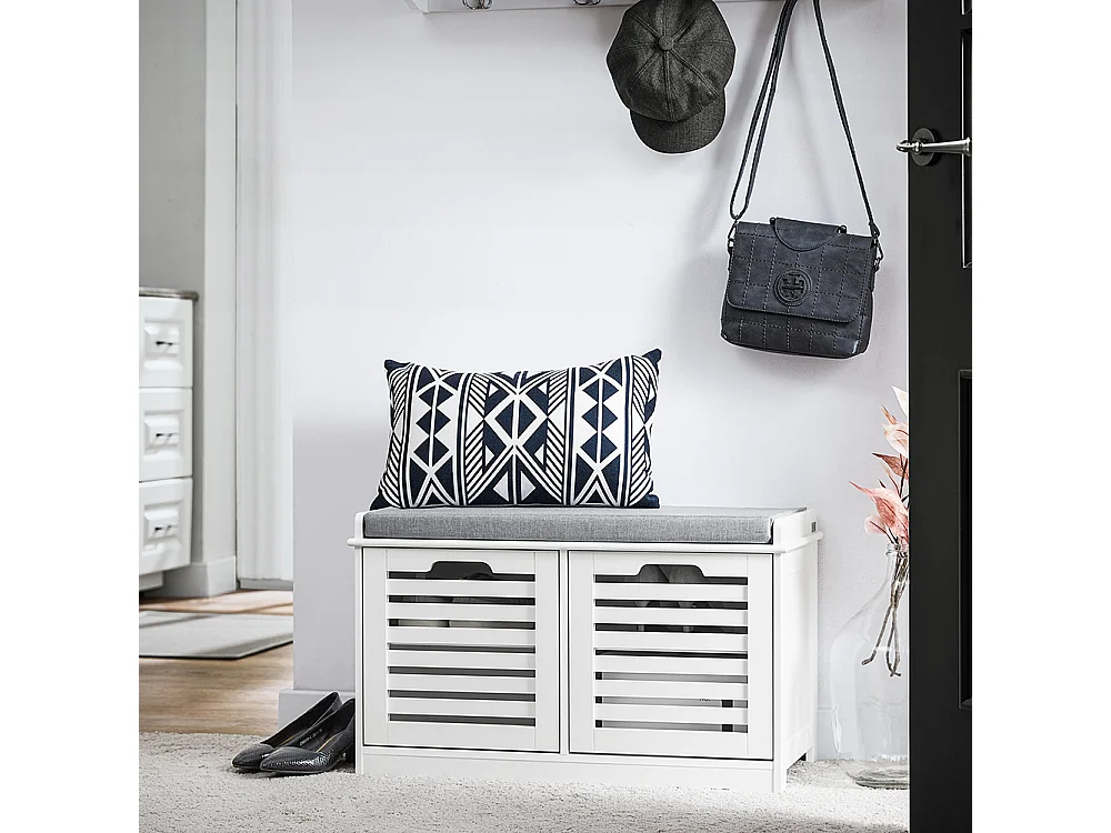 SoBuy Schoenenbank, schoenenopbergbank, schoenenkast, laag gangmeubel met gewatteerd kussen, 2 deuren en 4 open vakken, 71 x 35 x 43 cm, wit, FSR23-II-W
