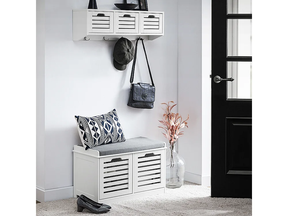 SoBuy FSR23-II-W Banc à Chaussures, Meuble Bas Entrée avec Coussin rembourré, 2 Portes et 4 Compartiments Ouverts