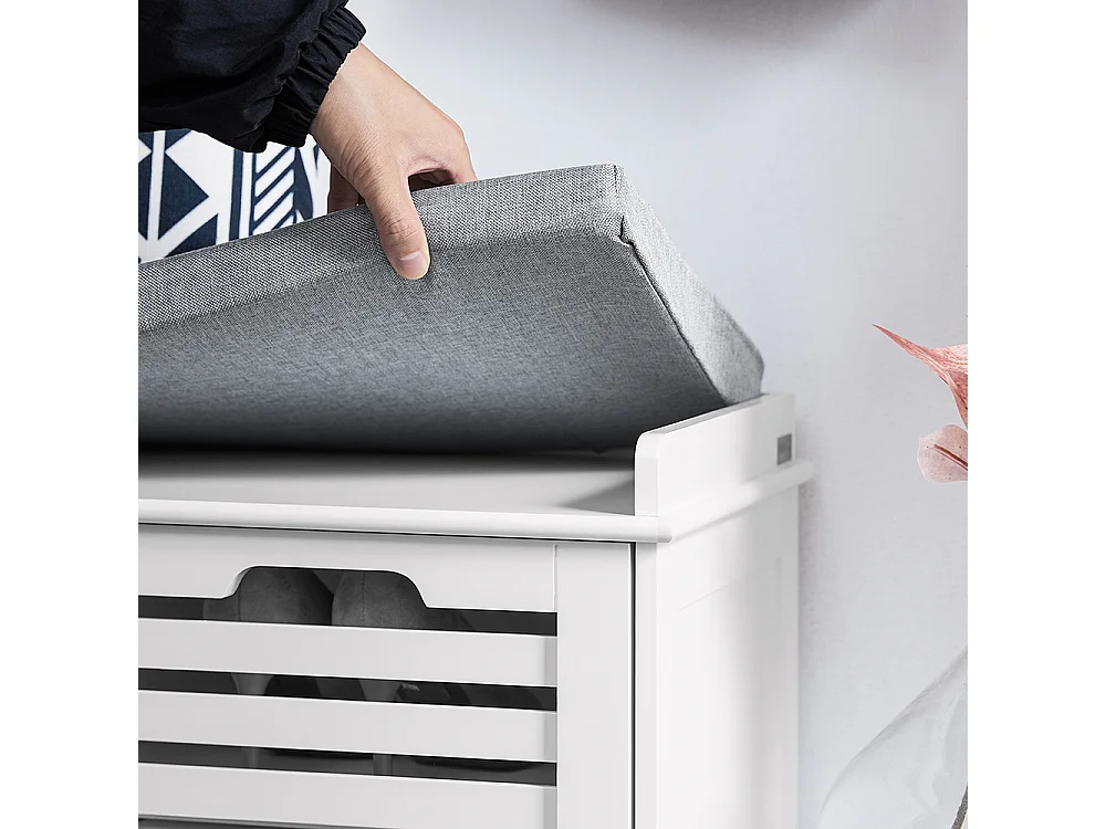 SoBuy FSR23-II-W Banc à Chaussures, Meuble Bas Entrée avec Coussin rembourré, 2 Portes et 4 Compartiments Ouverts