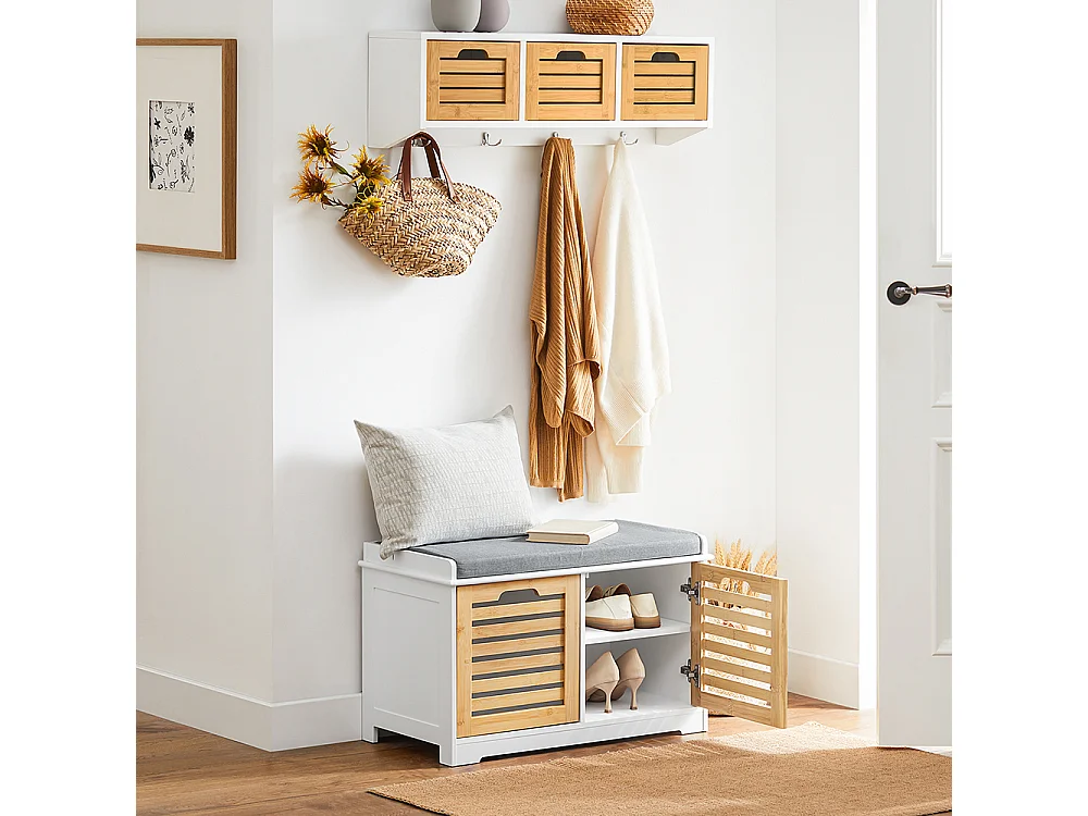 SoBuy FSR23-II-WN Banc à Chaussures, Meuble Bas Entrée avec Coussin rembourré, 2 Portes et 4 Compartiments Ouverts