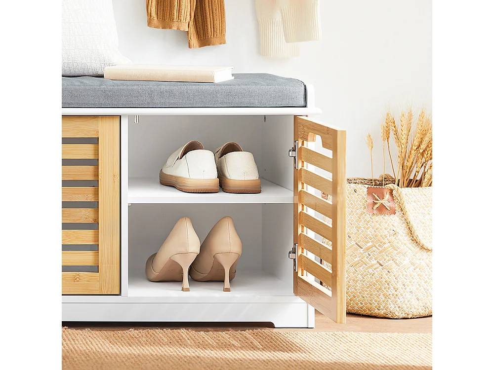 SoBuy FSR23-II-WN Banc à Chaussures, Meuble Bas Entrée avec Coussin rembourré, 2 Portes et 4 Compartiments Ouverts