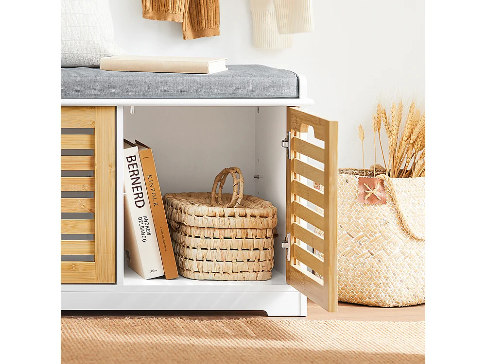 SoBuy FSR23-II-WN Banc à Chaussures, Meuble Bas Entrée avec Coussin rembourré, 2 Portes et 4 Compartiments Ouverts