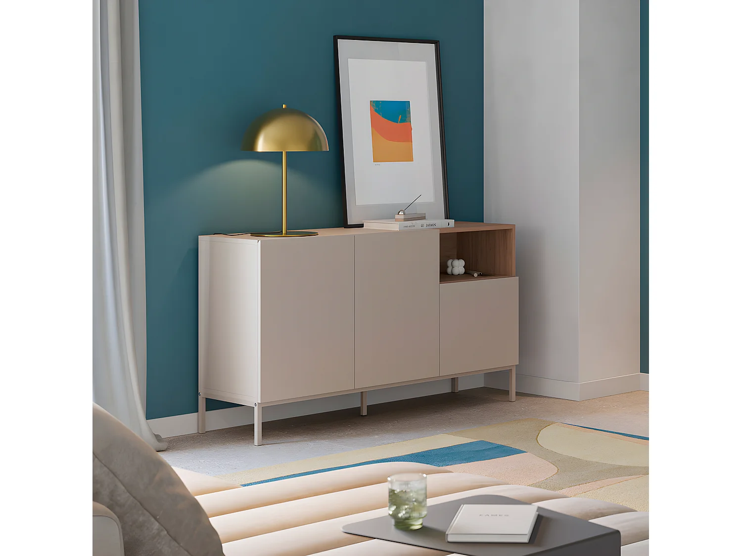 Quenor - Buffet 3 portes en bois et métal L140cm - Beige