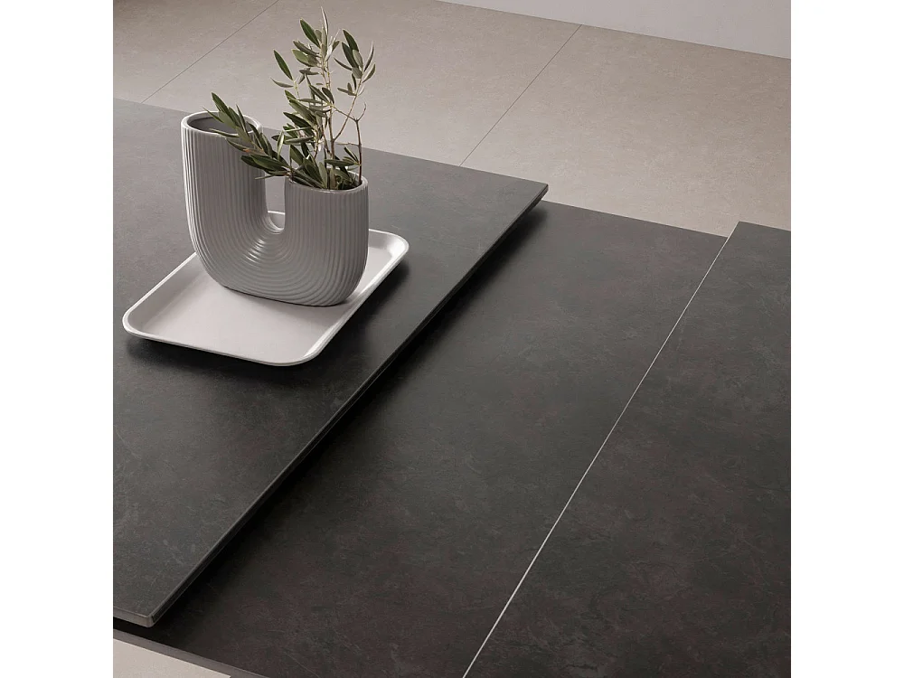 Mystara - Table à manger extensible 6 à 8 personnes en céramique et métal 150-200x85cm - Gris foncé