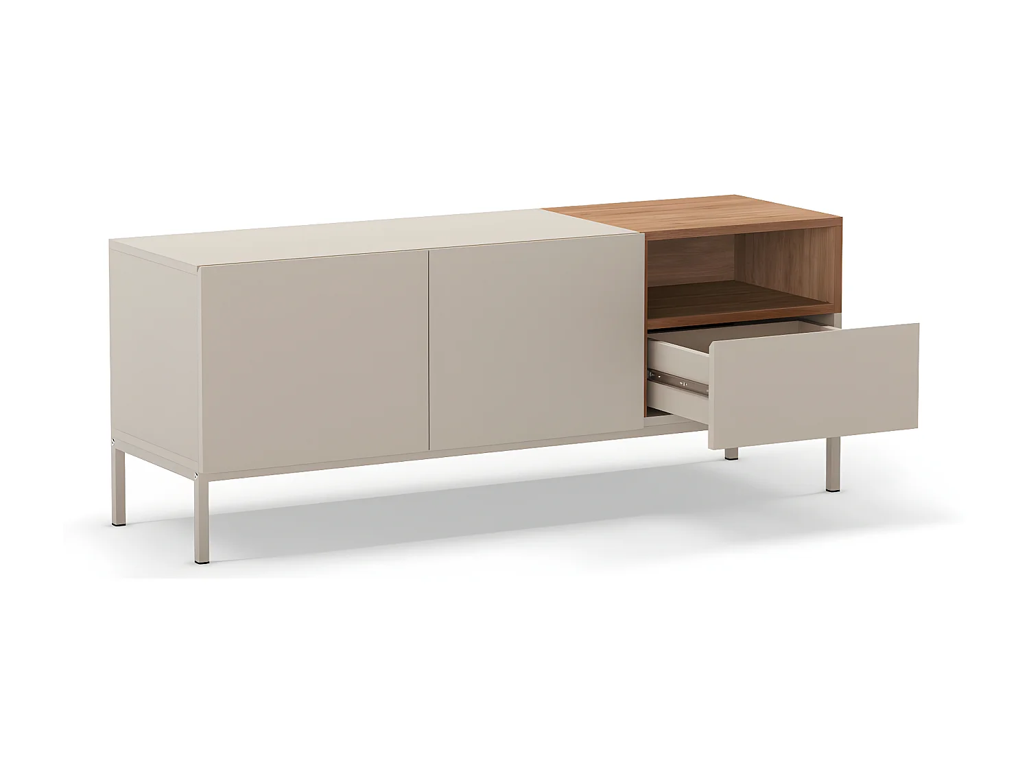 Quenor - Meuble TV 2 portes 1 tiroir en bois et métal L140cm - Beige