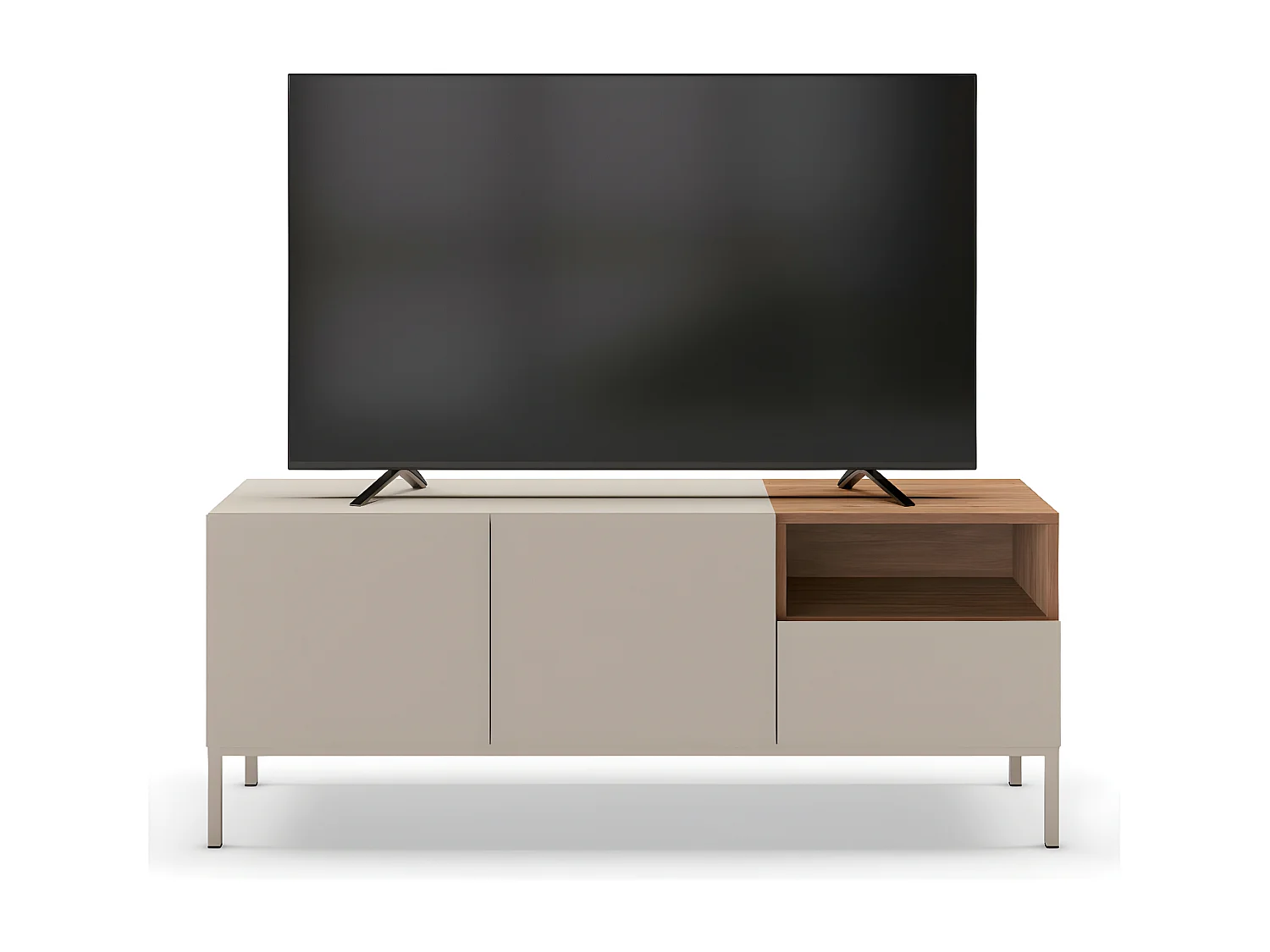 Quenor - Meuble TV 2 portes 1 tiroir en bois et métal L140cm - Beige
