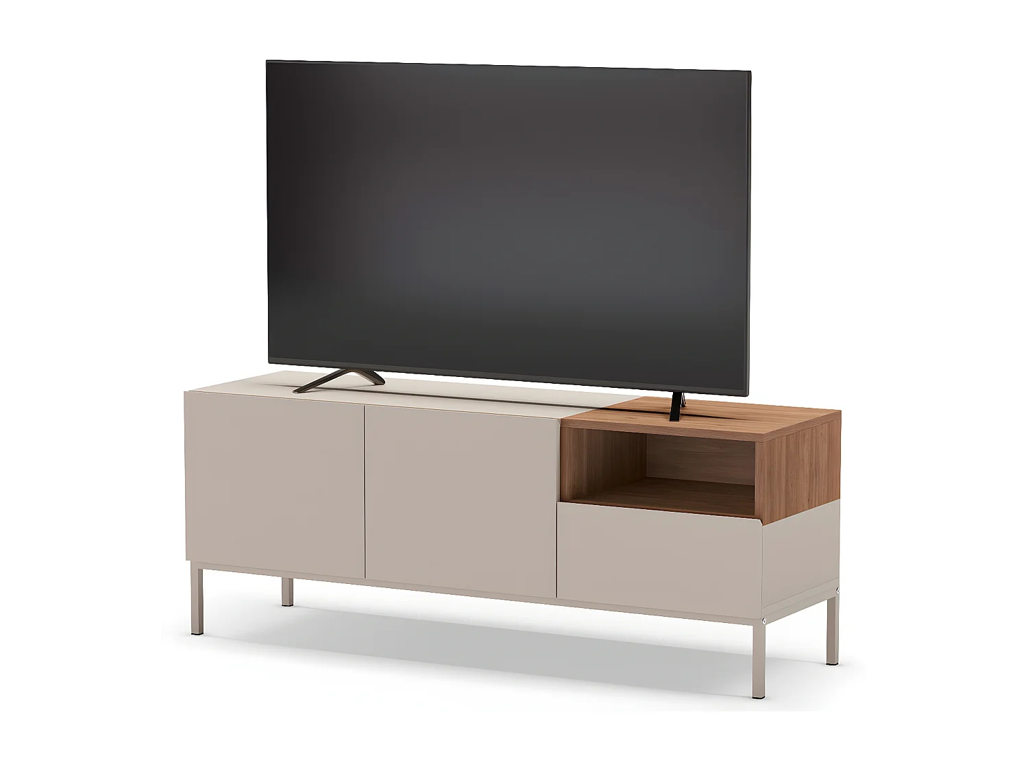 Quenor - Meuble TV 2 portes 1 tiroir en bois et métal L140cm - Beige