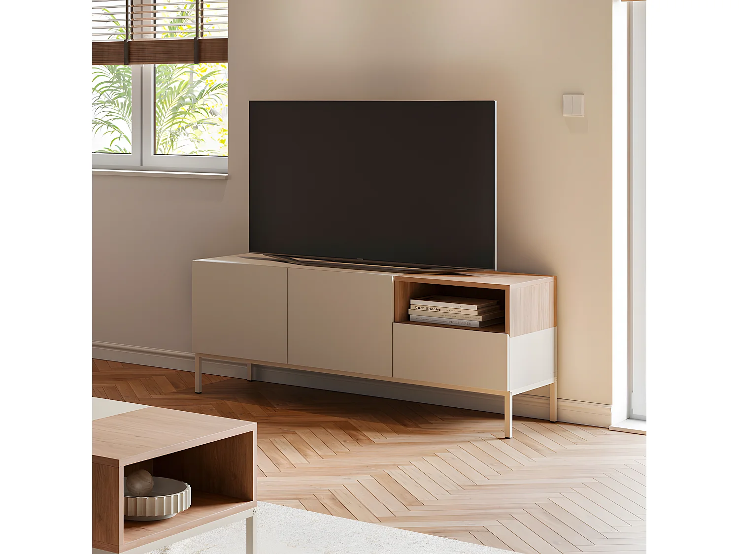Quenor - Meuble TV 2 portes 1 tiroir en bois et métal L140cm - Beige