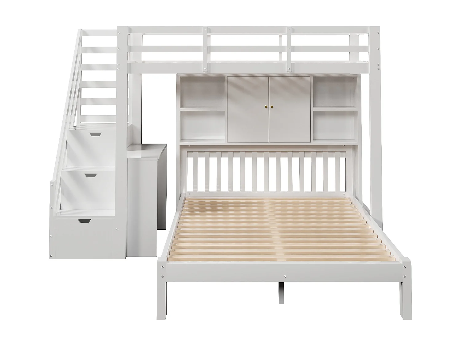 Lit superposé enfant 90x200 cm + 140x200 cm - avec escalier de rangement et bureau amovible - en Bois massif et MDF - Blanc