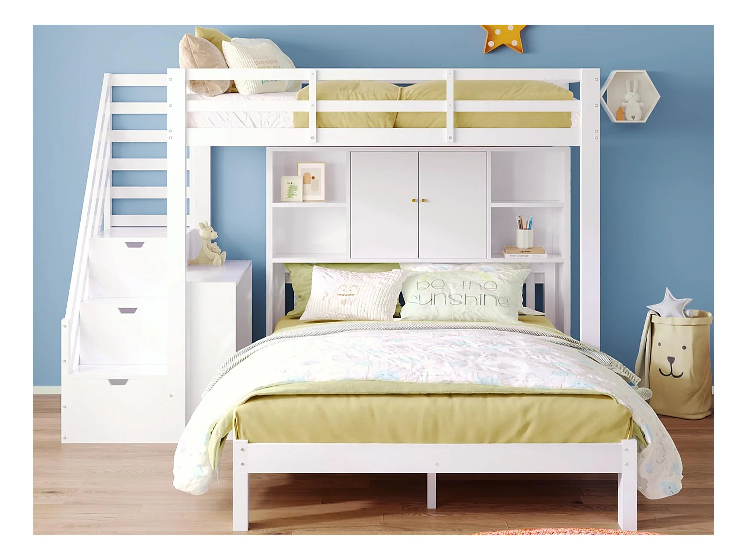 Lit superposé enfant 90x200 cm + 140x200 cm - avec escalier de rangement et bureau amovible - en Bois massif et MDF - Blanc