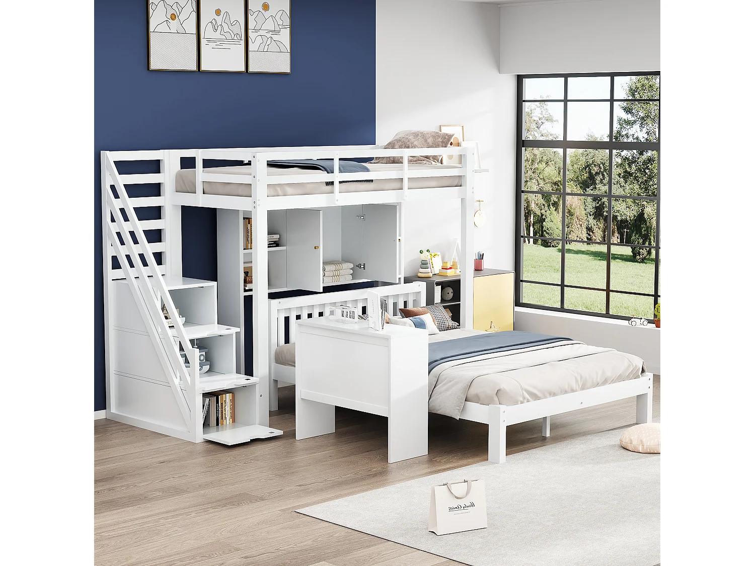 Etagenbett für Kinder 90 x 200 cm + 140 x 200 cm – mit Stauraumtreppe und abnehmbarem Schreibtisch – aus Massivholz und MDF – Weiß